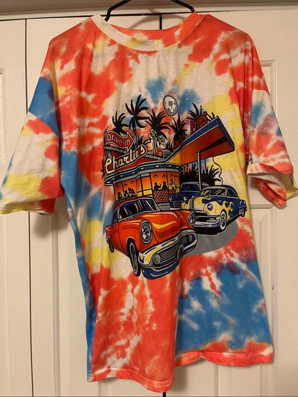 Tie-Dye Retro Car Graphic Tee - Orange/Blue/Yellow